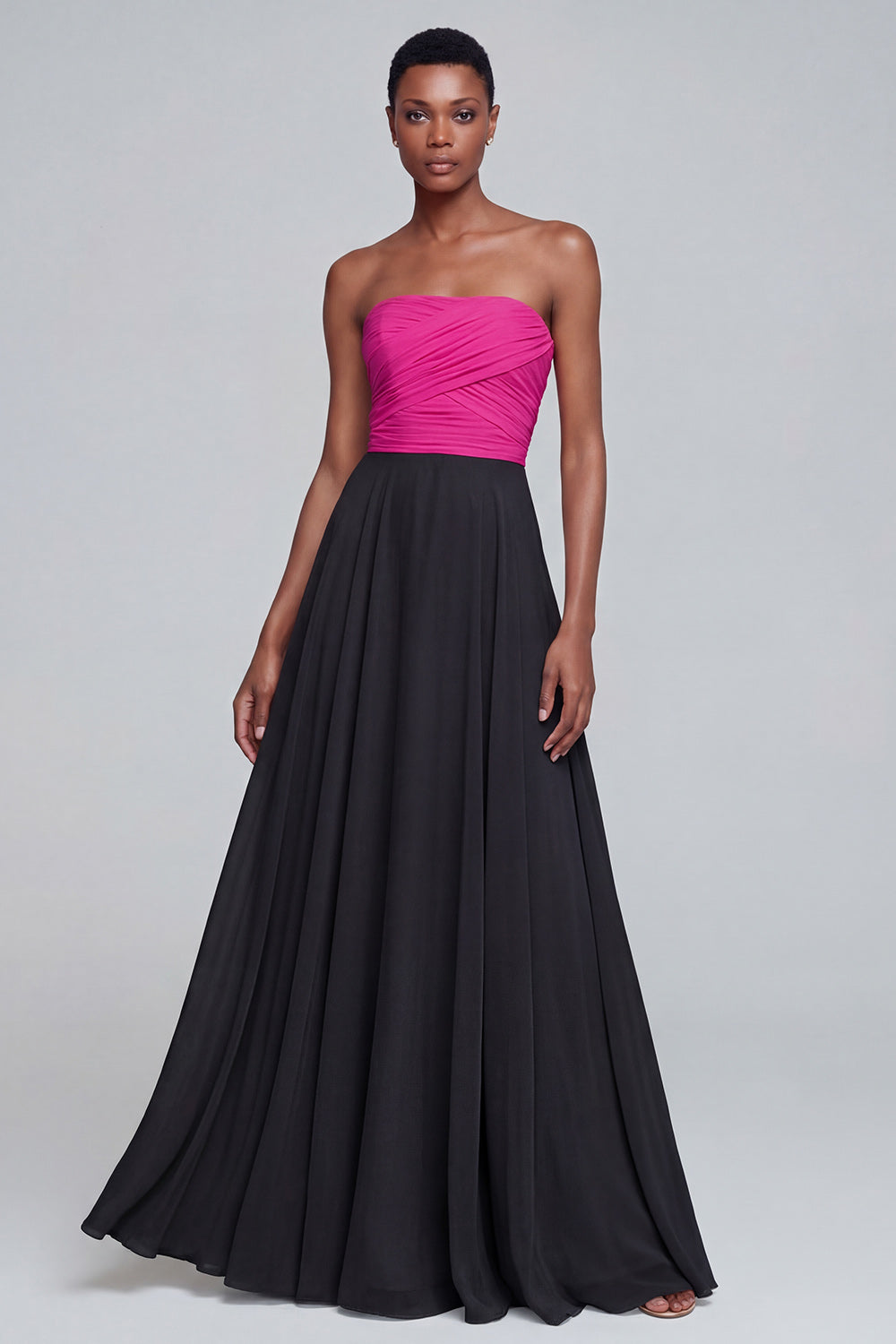 Strapless A Line Pink Ruched Maxi Formal Dress