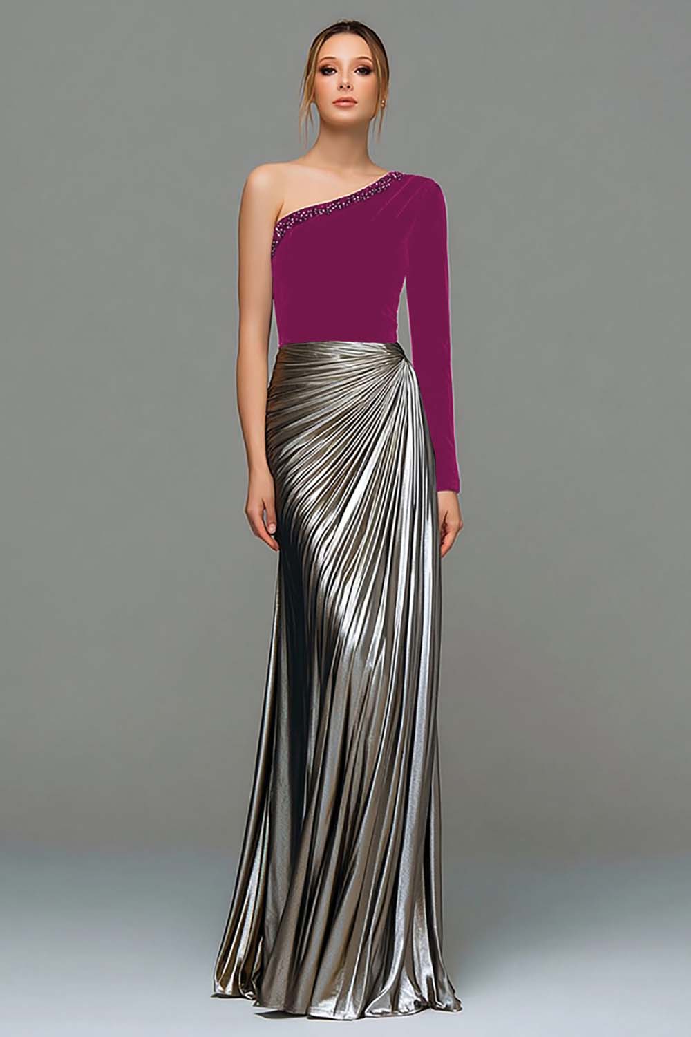 Black and Grey Asymmetrical Neck Ruched Formal Dress