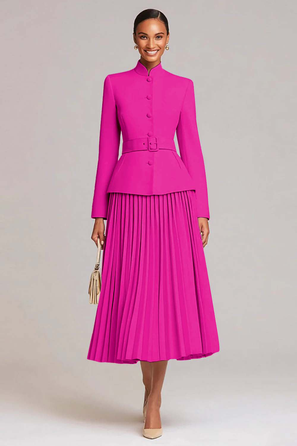 Light Pink Pleated A-Line Single Breasted 2 Piece Work Dress With Belt