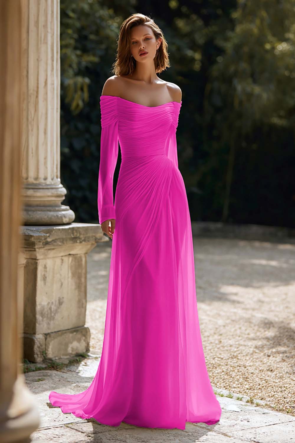 Ivory Ruched Long Sleeve Off The Shoulder Engagement Dress