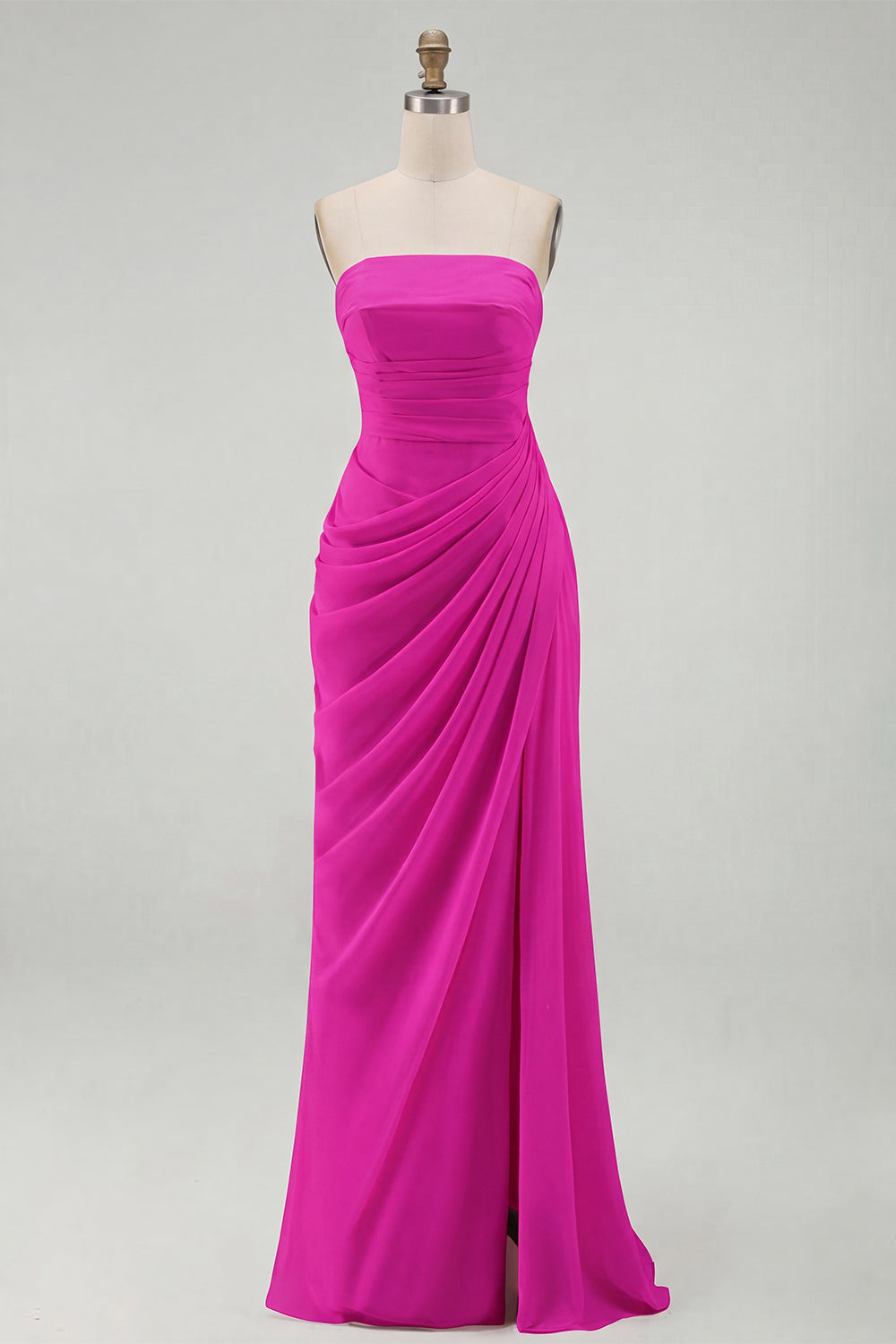 Light Pink Strapless Ruched Sheath Prom Dress with Slit