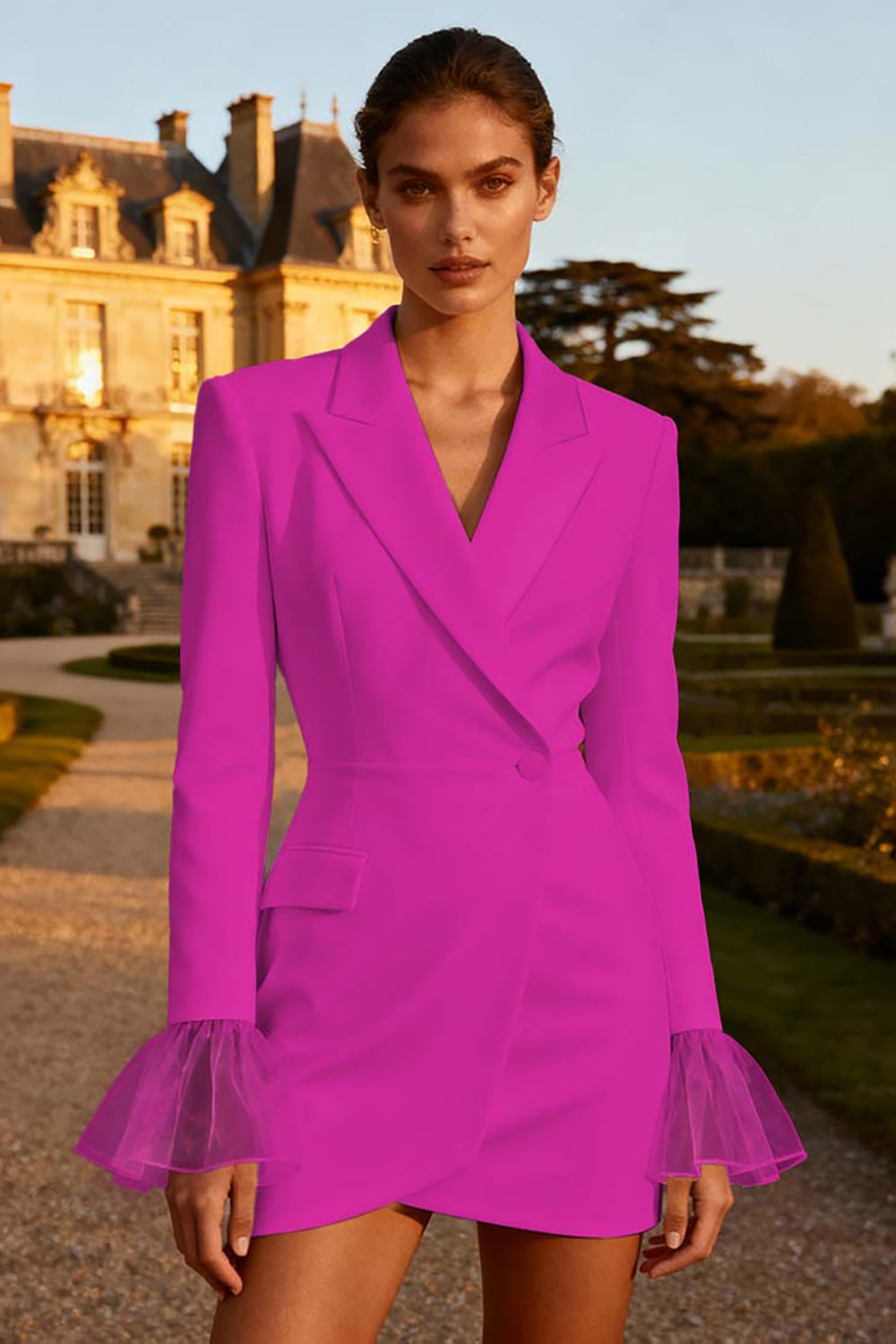 White Peak Lapel Work Dress with Long Sleeves