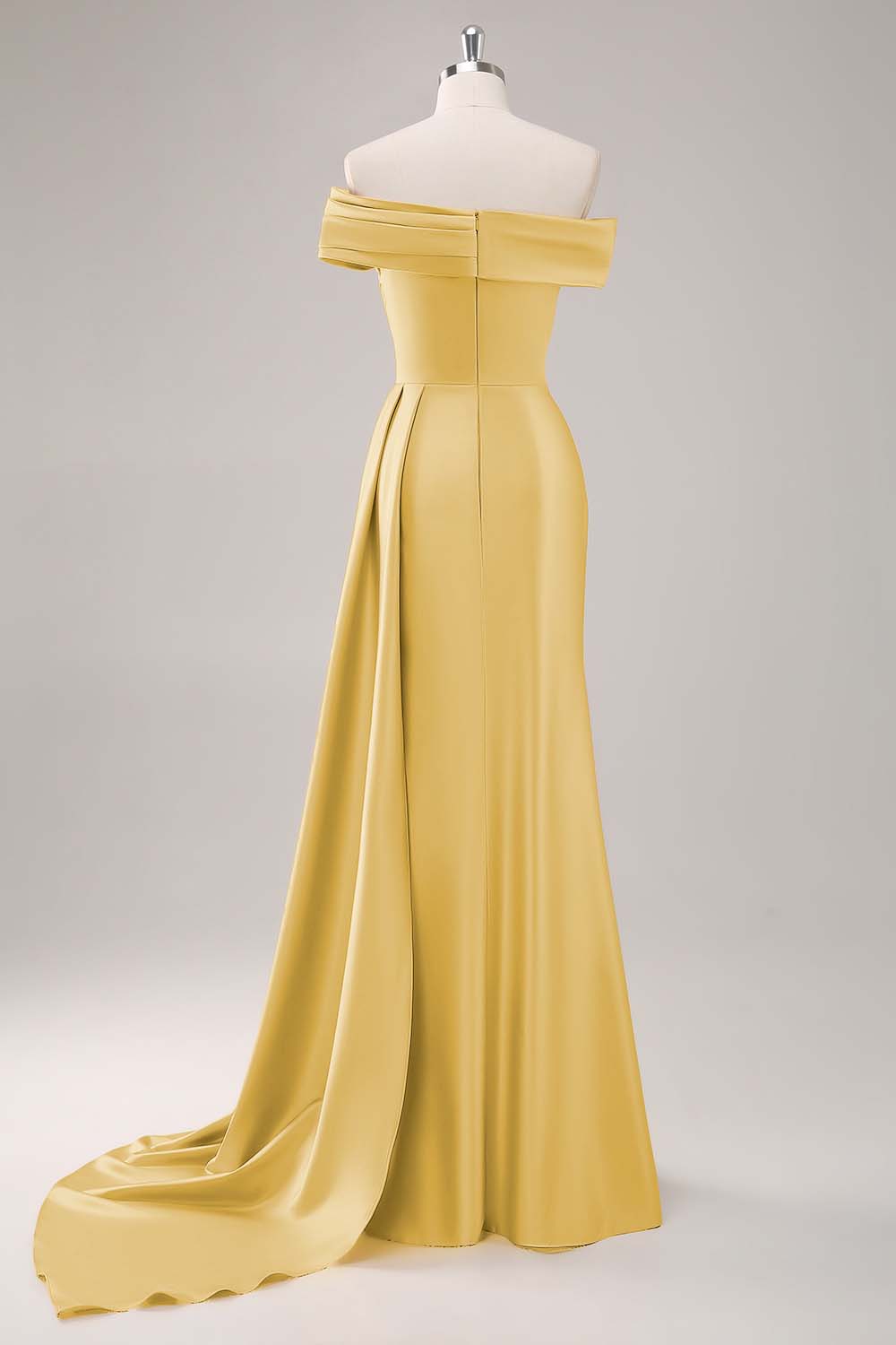 Off the Shoulder Satin Champagne Formal Dress with Drape
