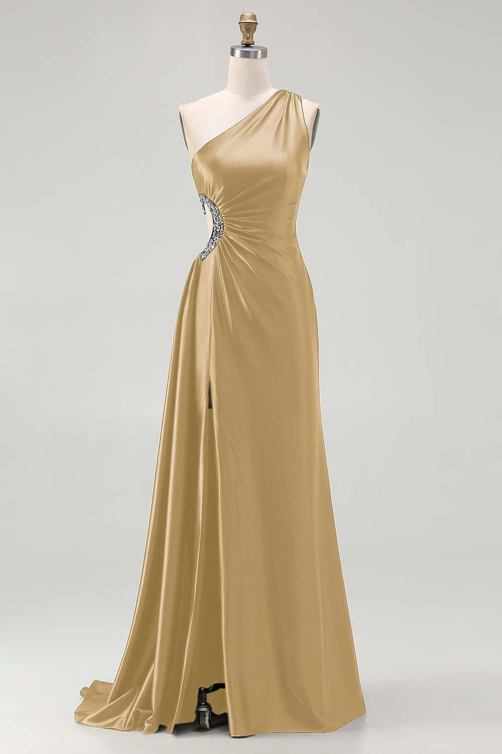 One Shoulder Cut Out Satin Black Tie Dress With Slit