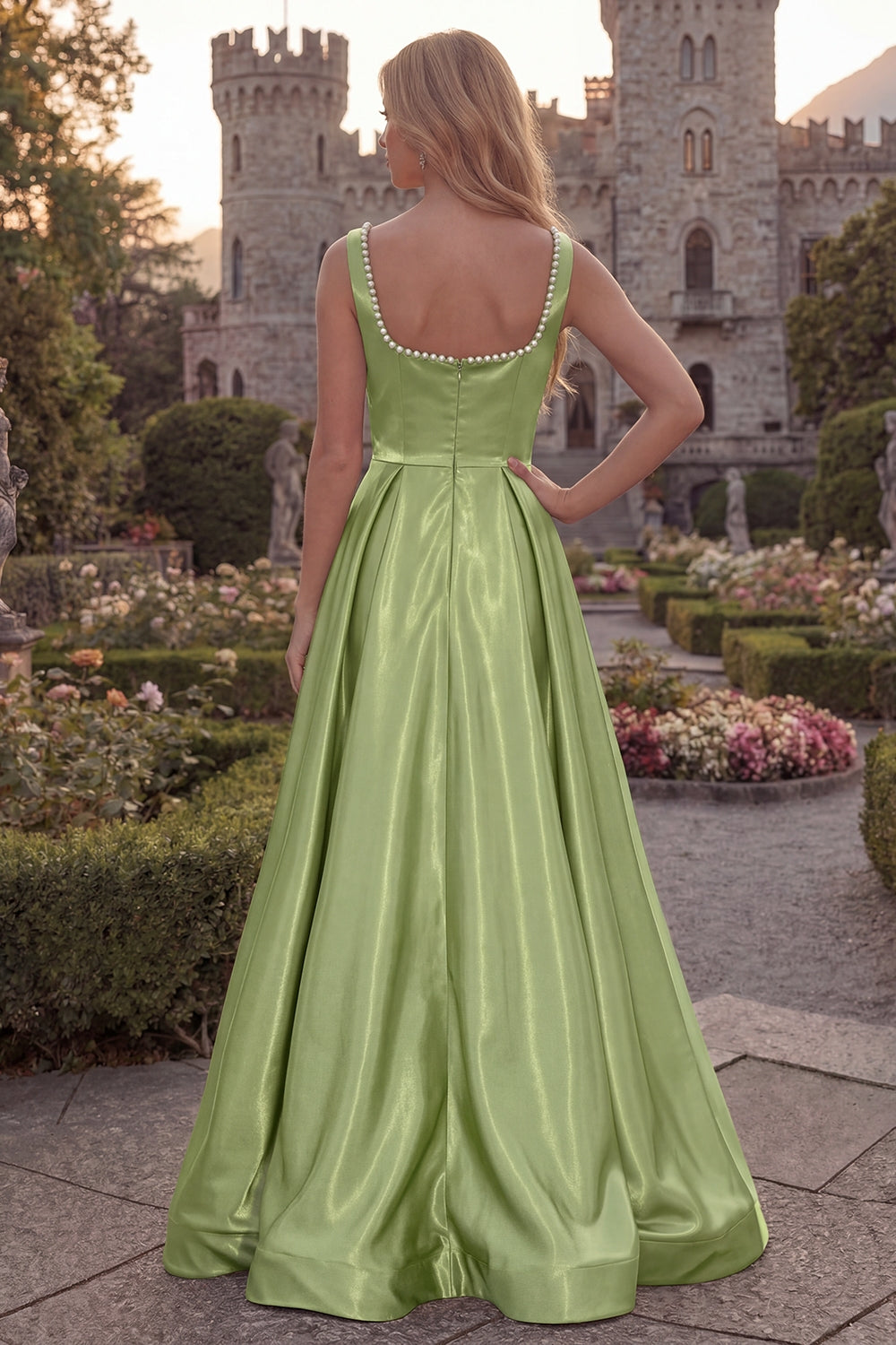 Blush A Line Square Neck Satin Prom Dress with Pearls
