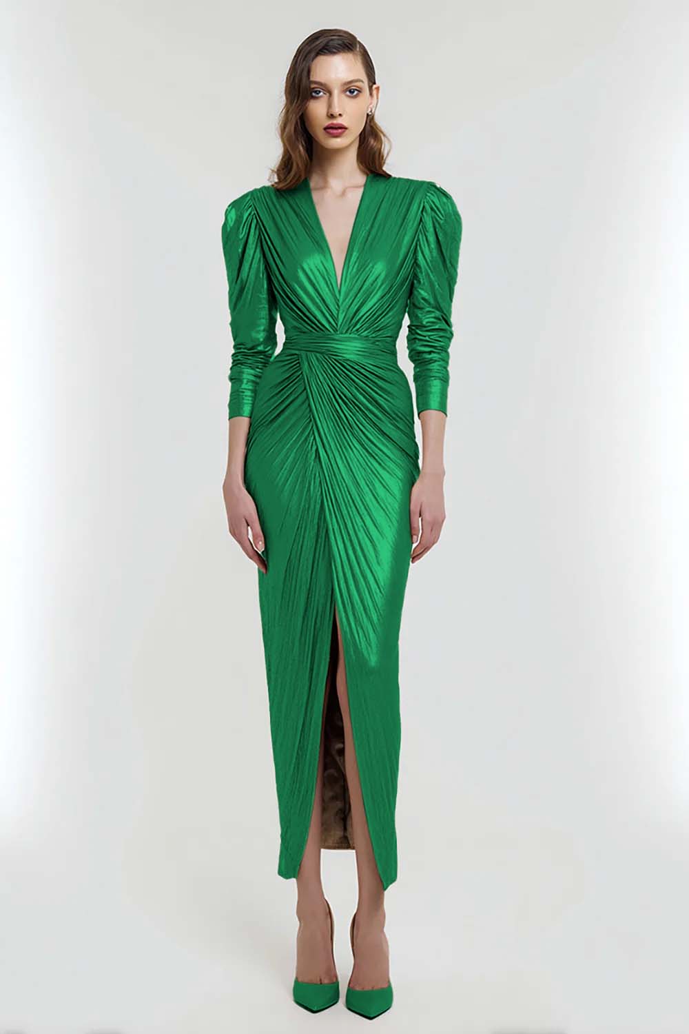 Sheath V-Neck Ruched Light Gold Formal Dress With Slit