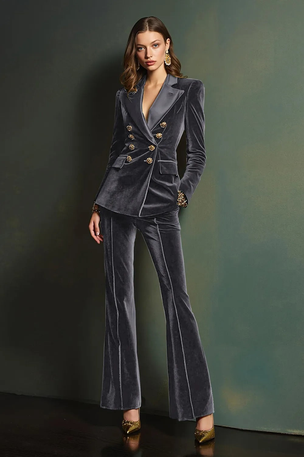 Dark Green Double Breasted Velvet 2-Piece Women Business Suits