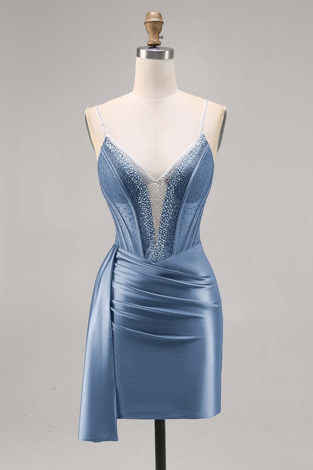 Navy Satin Beaded Corset Homecoming Dress