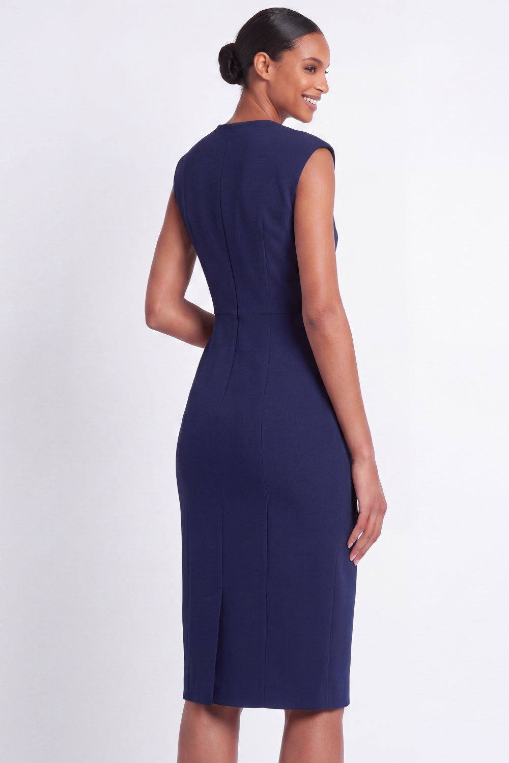 Navy V Neck Bodycon Work Dress with Slit