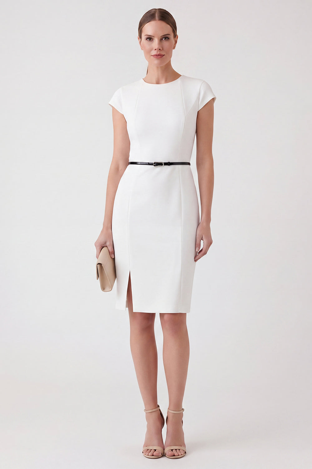 White Round Neck Bodycon Work Dress with Belt