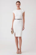 White Round Neck Bodycon Work Dress with Belt