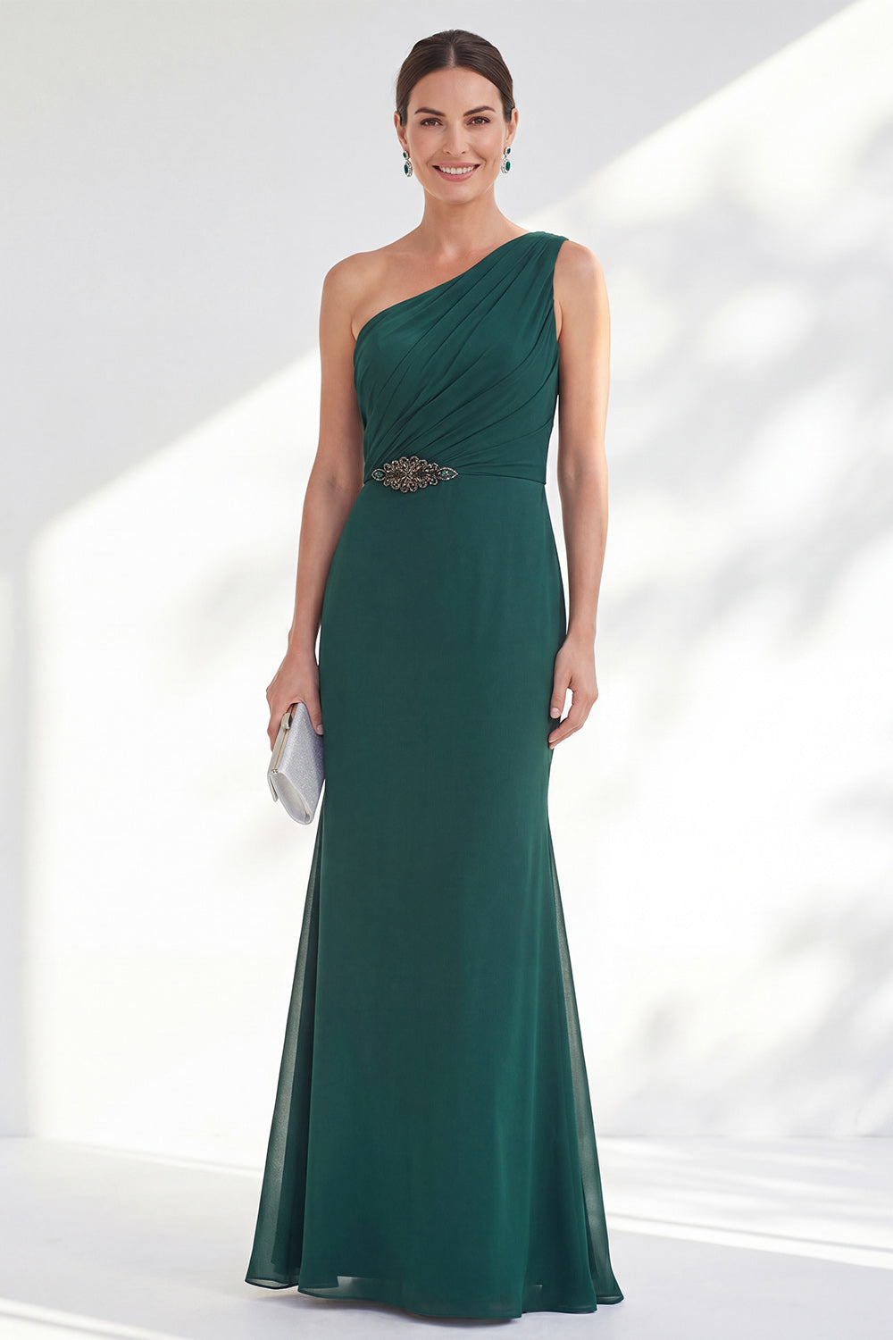 One Shoulder Green Mermaid Ruched Formal Dress