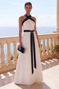 Halter A Line Black White Maxi Formal Dress with Sash