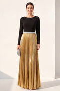Metallic Long Sleeve A Line Black Golden Maxi Formal Dress