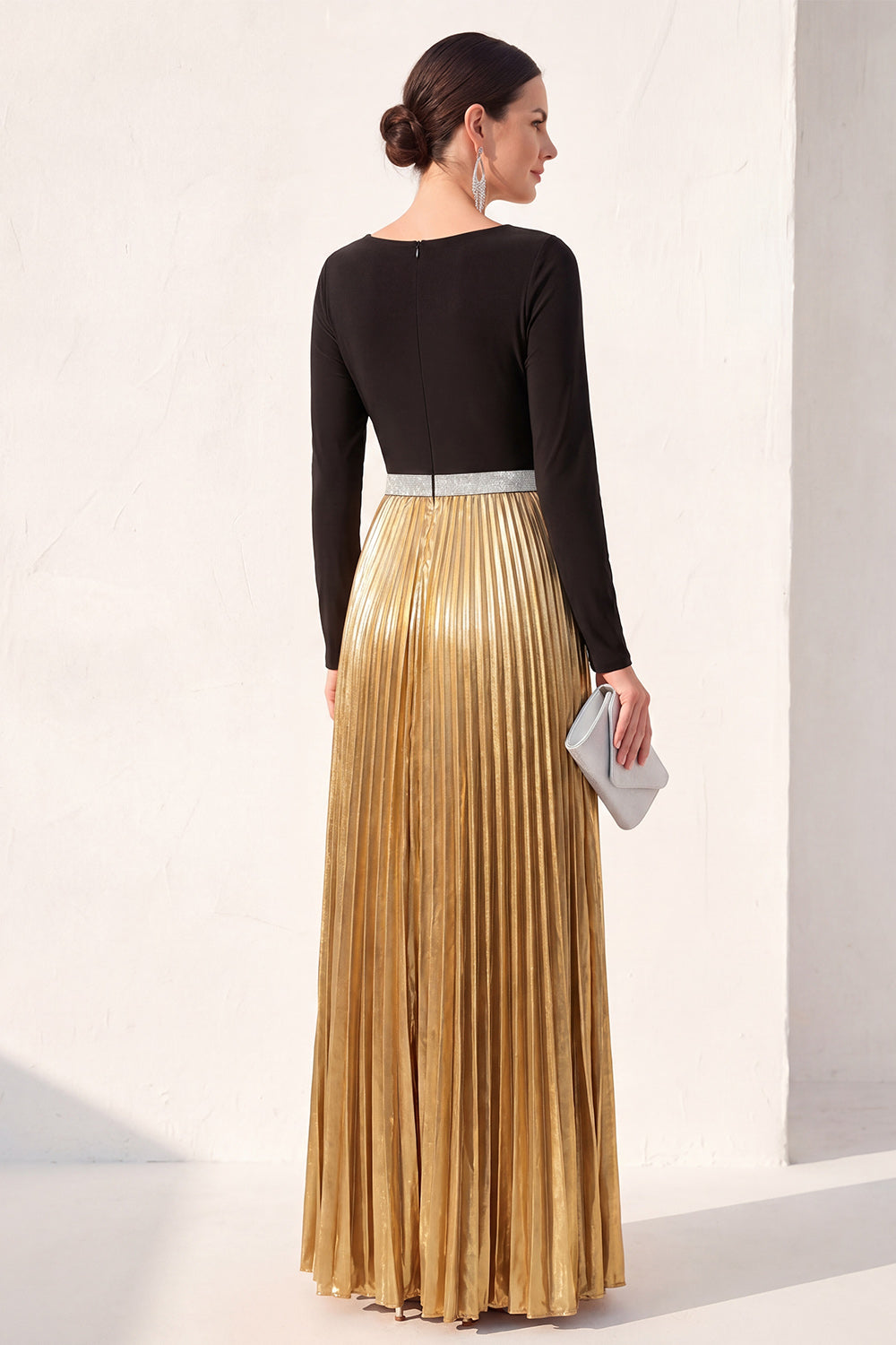 Metallic Long Sleeve A Line Black Golden Maxi Formal Dress
