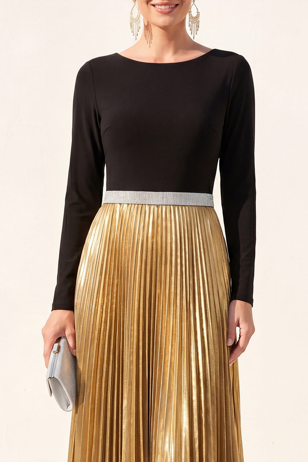 Metallic Long Sleeve A Line Black Golden Maxi Formal Dress
