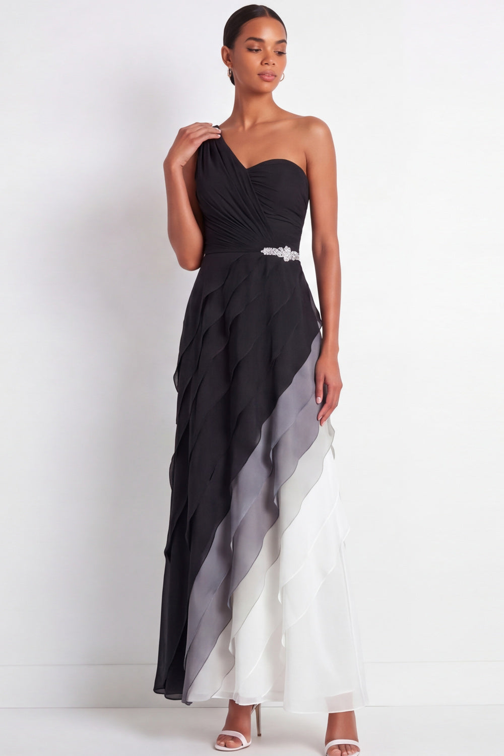 One Shoulder Ruched A Line Ruffled Black and White Maxi Formal Dress