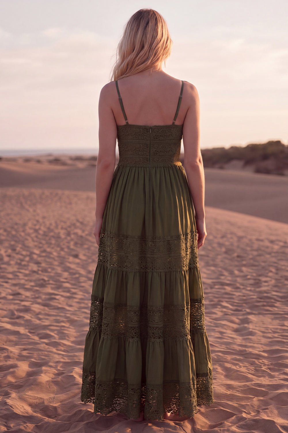 Green A Line Pleated Lace Maxi Casual Dress