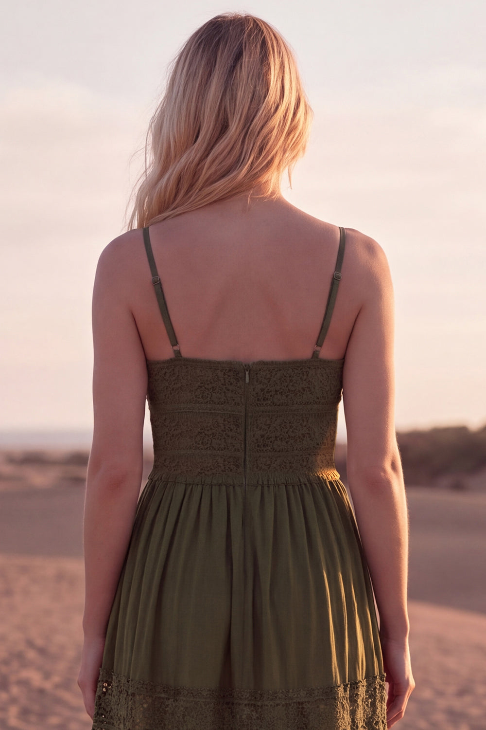 Green A Line Pleated Lace Maxi Casual Dress