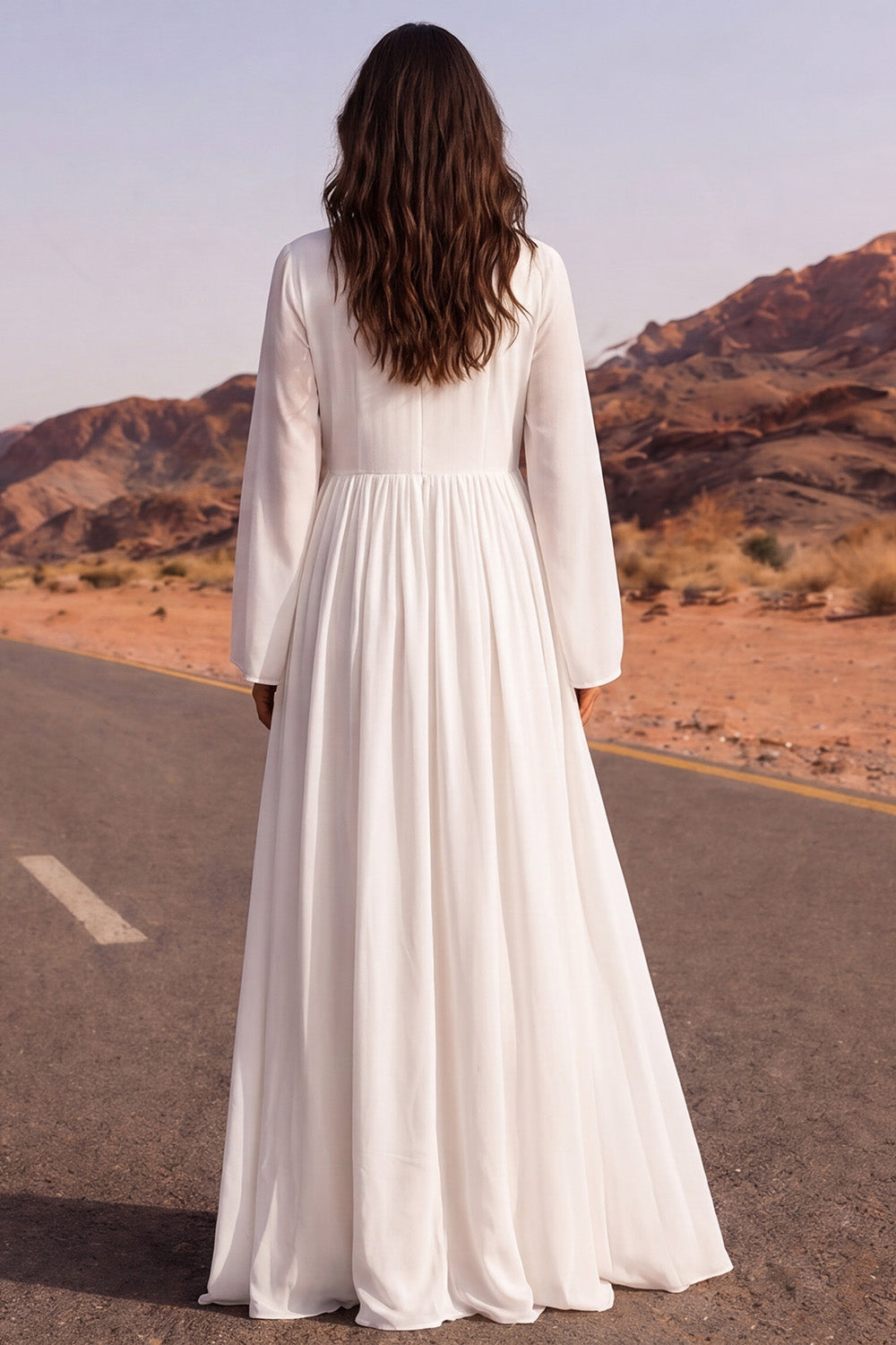 White Long Sleeve A Line Pleated Maxi Wedding Dress