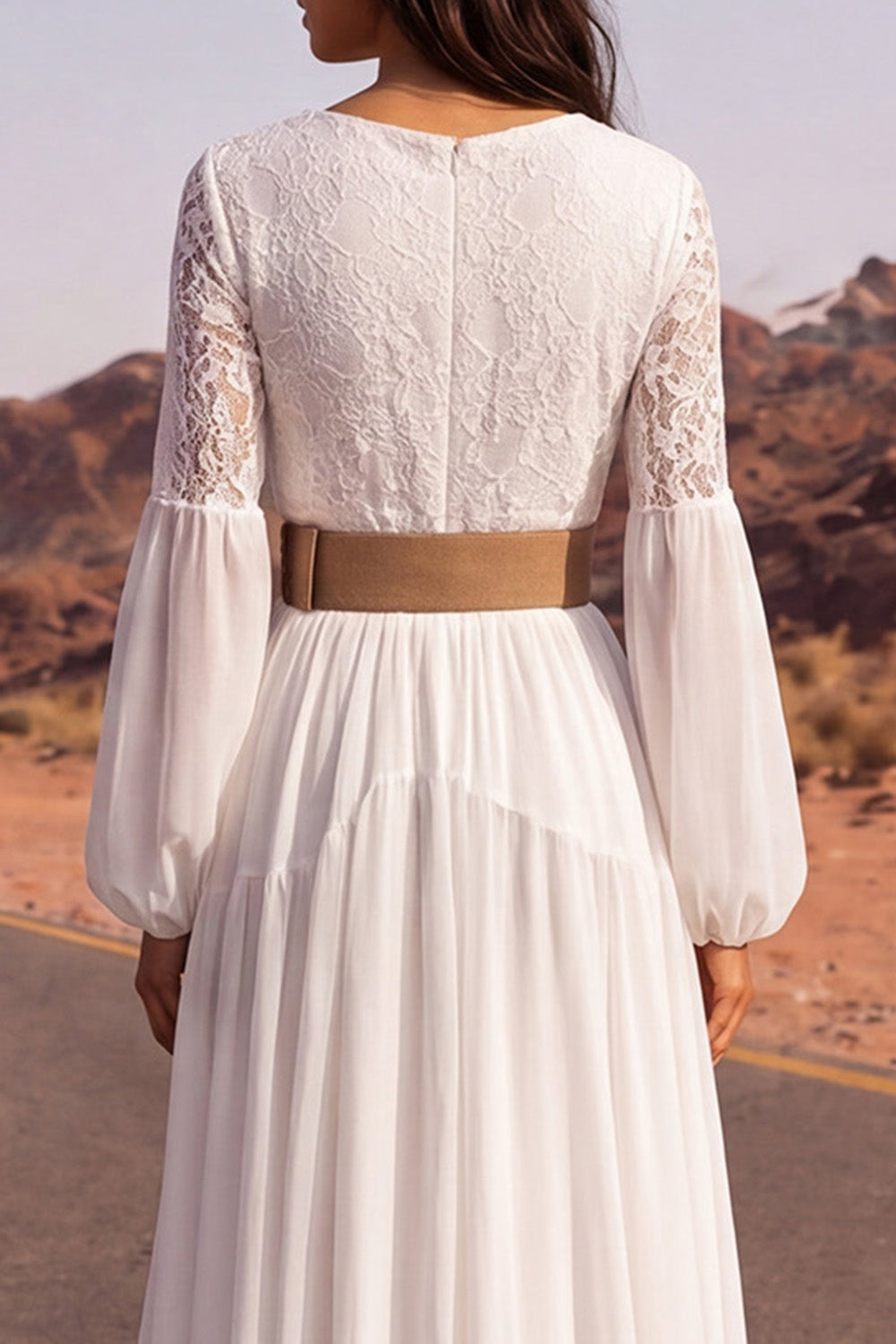 White Long Sleeve A Line Pleated Lace Wedding Dress with Belt