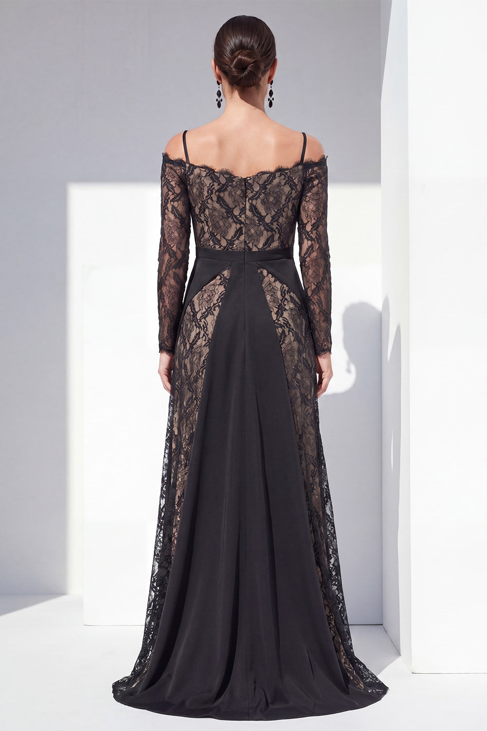 Cold Shoulder Black Lace A Line Maxi Mother of the Bride Dress