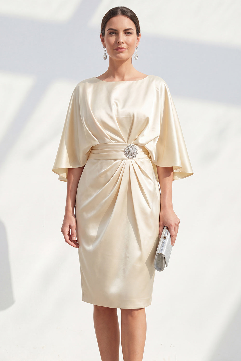 Champagne Satin Bodycon Ruched Midi Mother of the Bride Dress