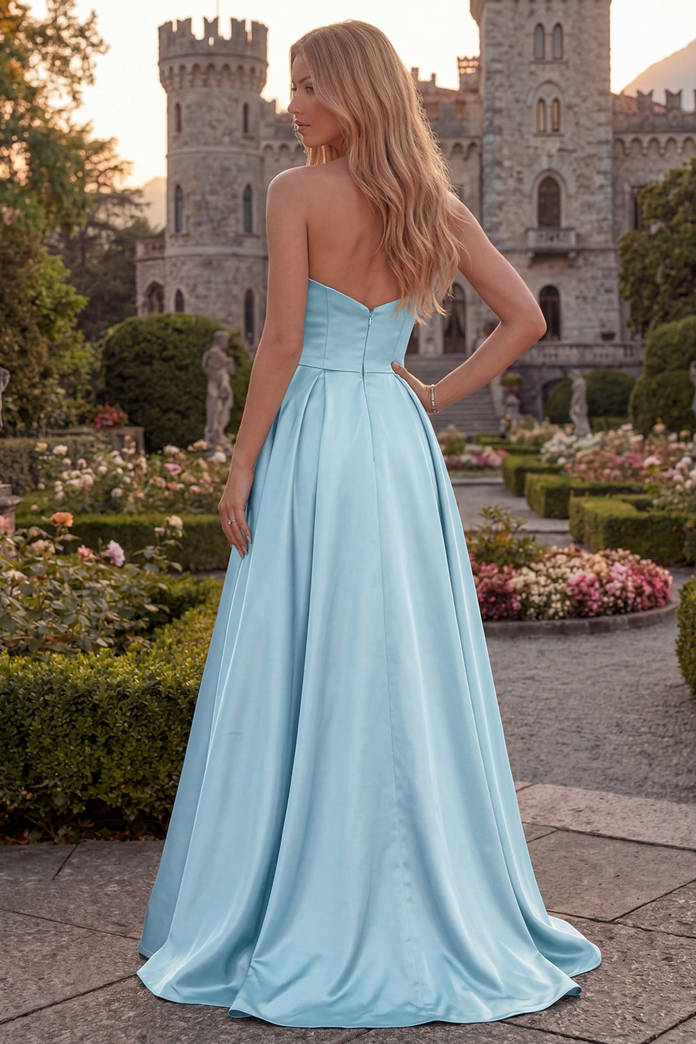 Strapless A Line Satin Fuchsia Maxi Prom Dress