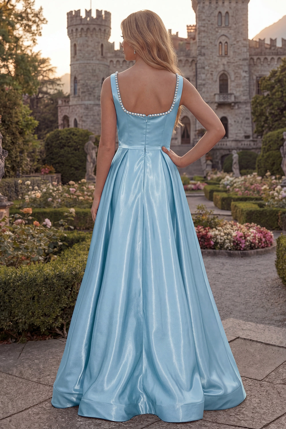 Blush A Line Square Neck Satin Prom Dress with Pearls