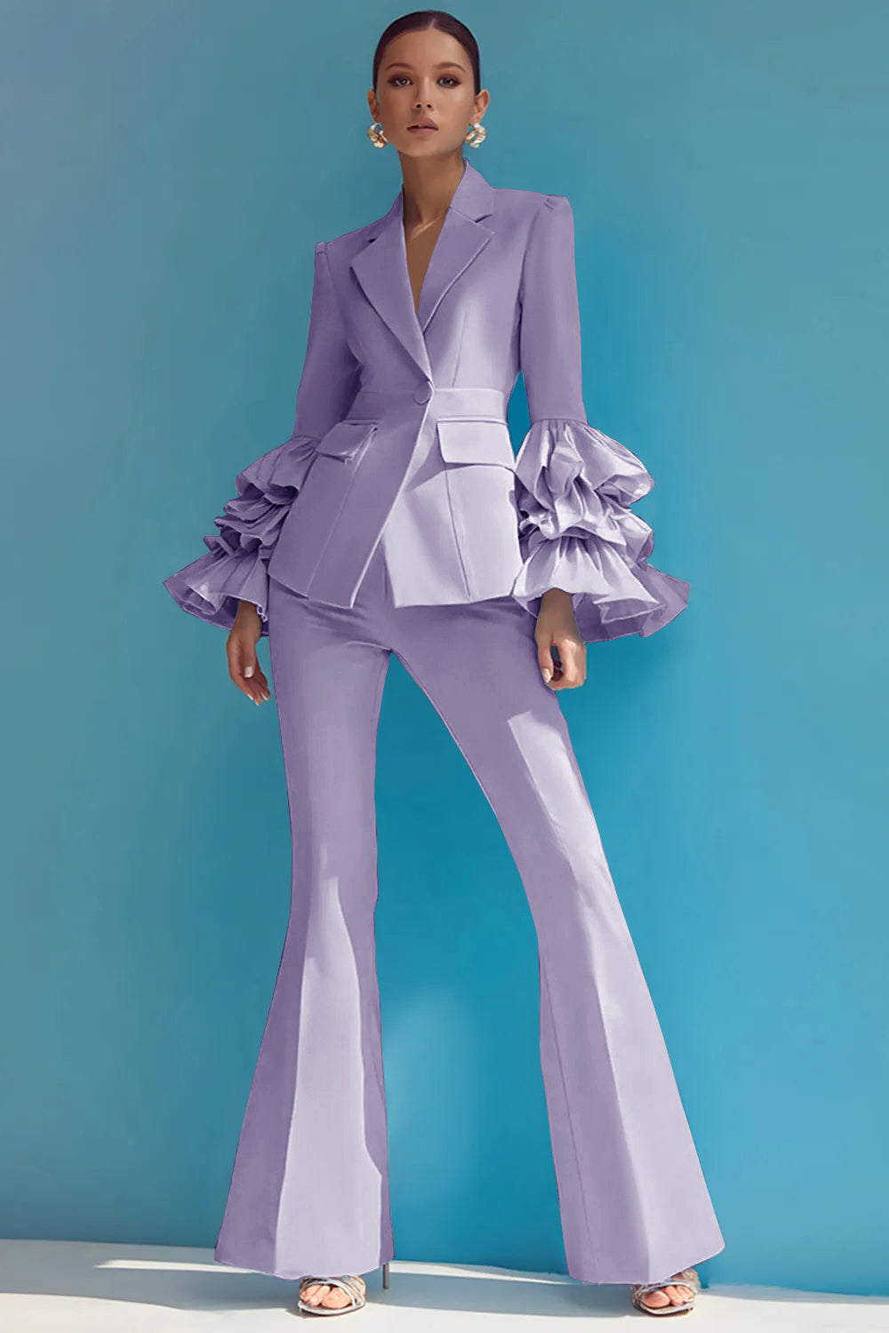 Blue 2-Piece Notched Lapel Women Suits With Ruffles