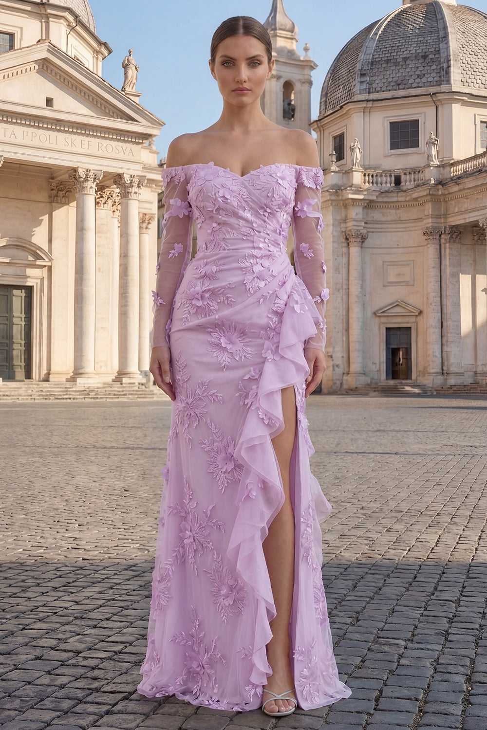 Off the Shoulder Ruffled Lilac Mermaid Prom Dress
