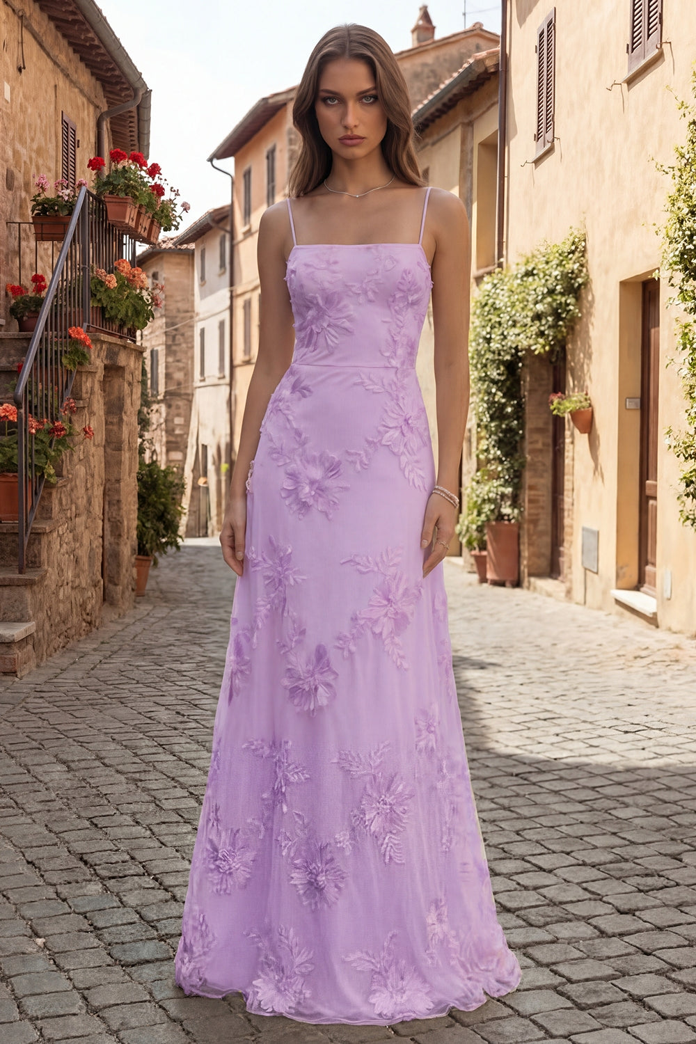 A Line Yellow Appliqued Maxi Prom Dress