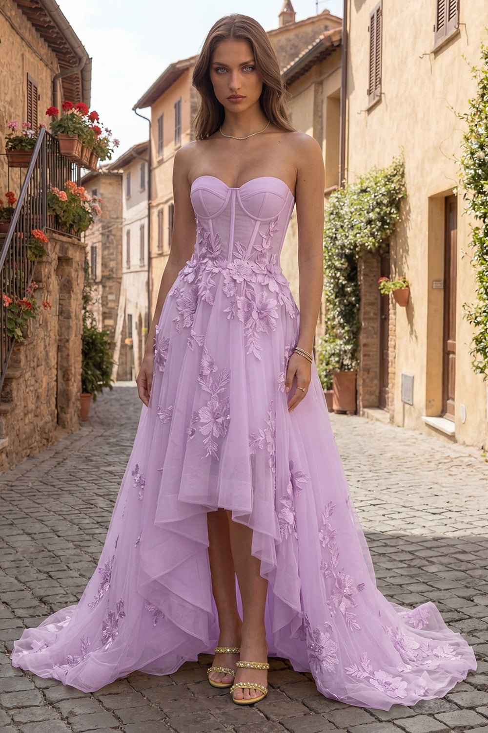 High Low Strapless Yellow Corset Maxi Prom Dress