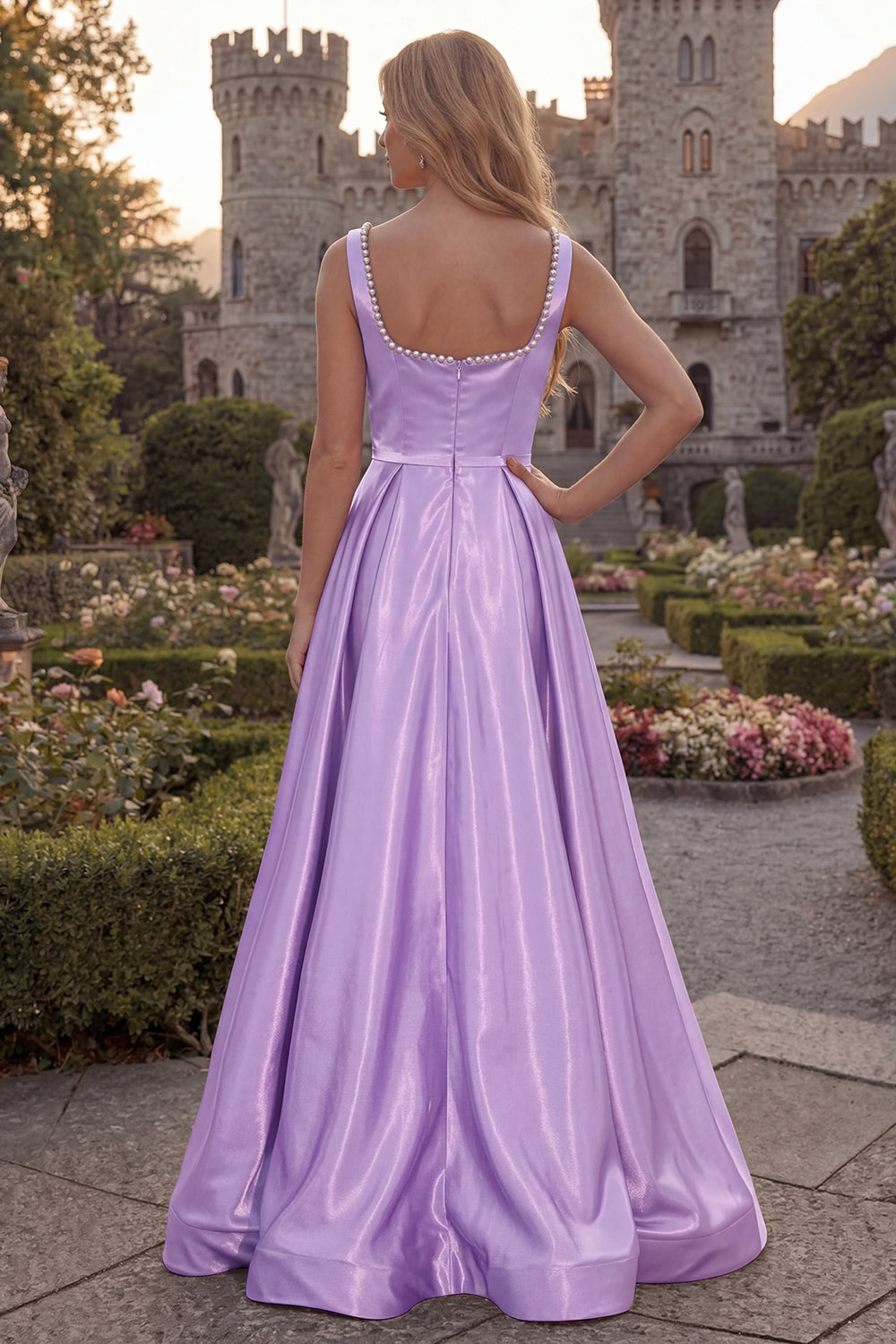 Blush A Line Square Neck Satin Prom Dress with Pearls