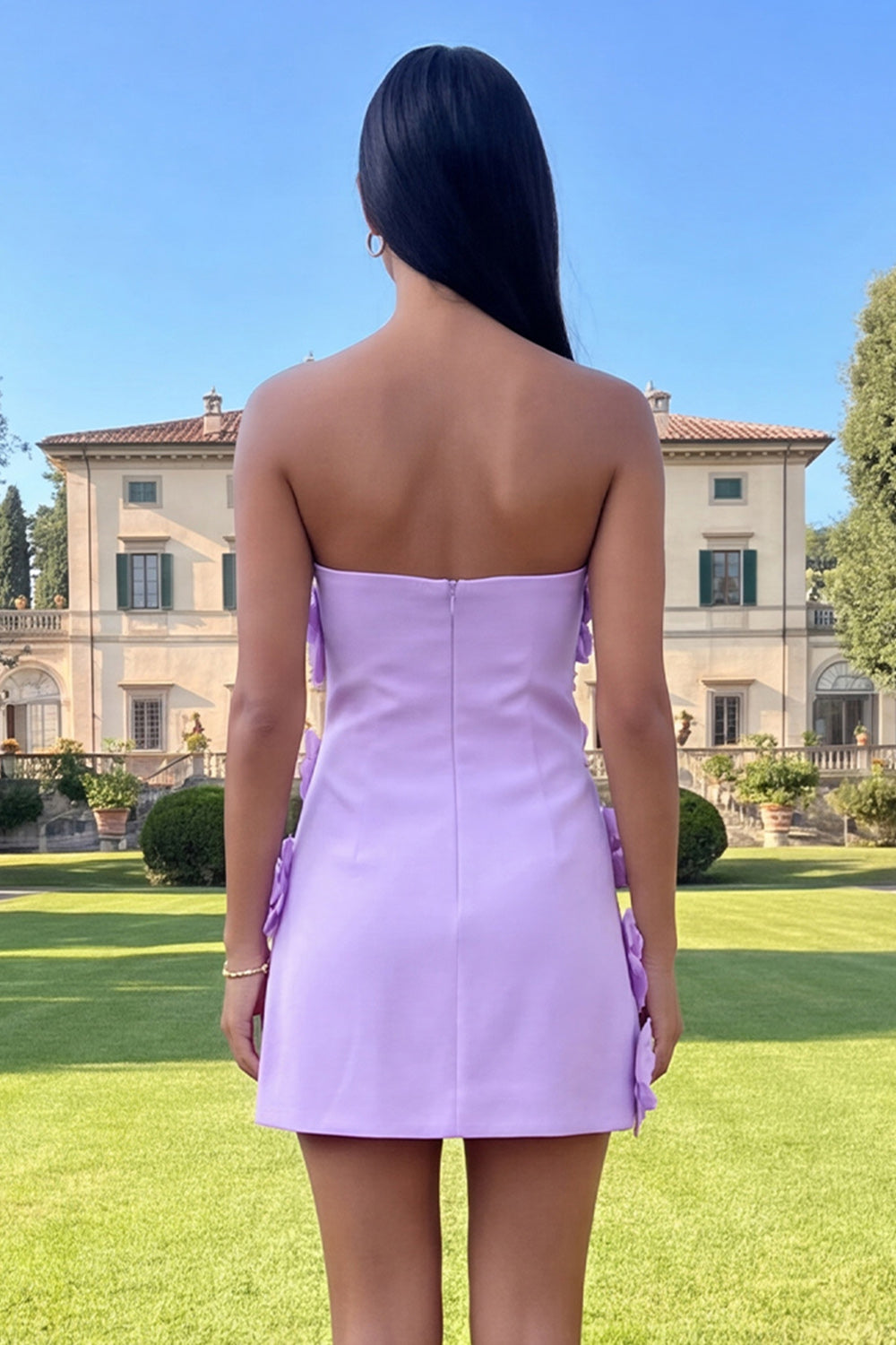 Strapless Blue Floral Homecoming Dress