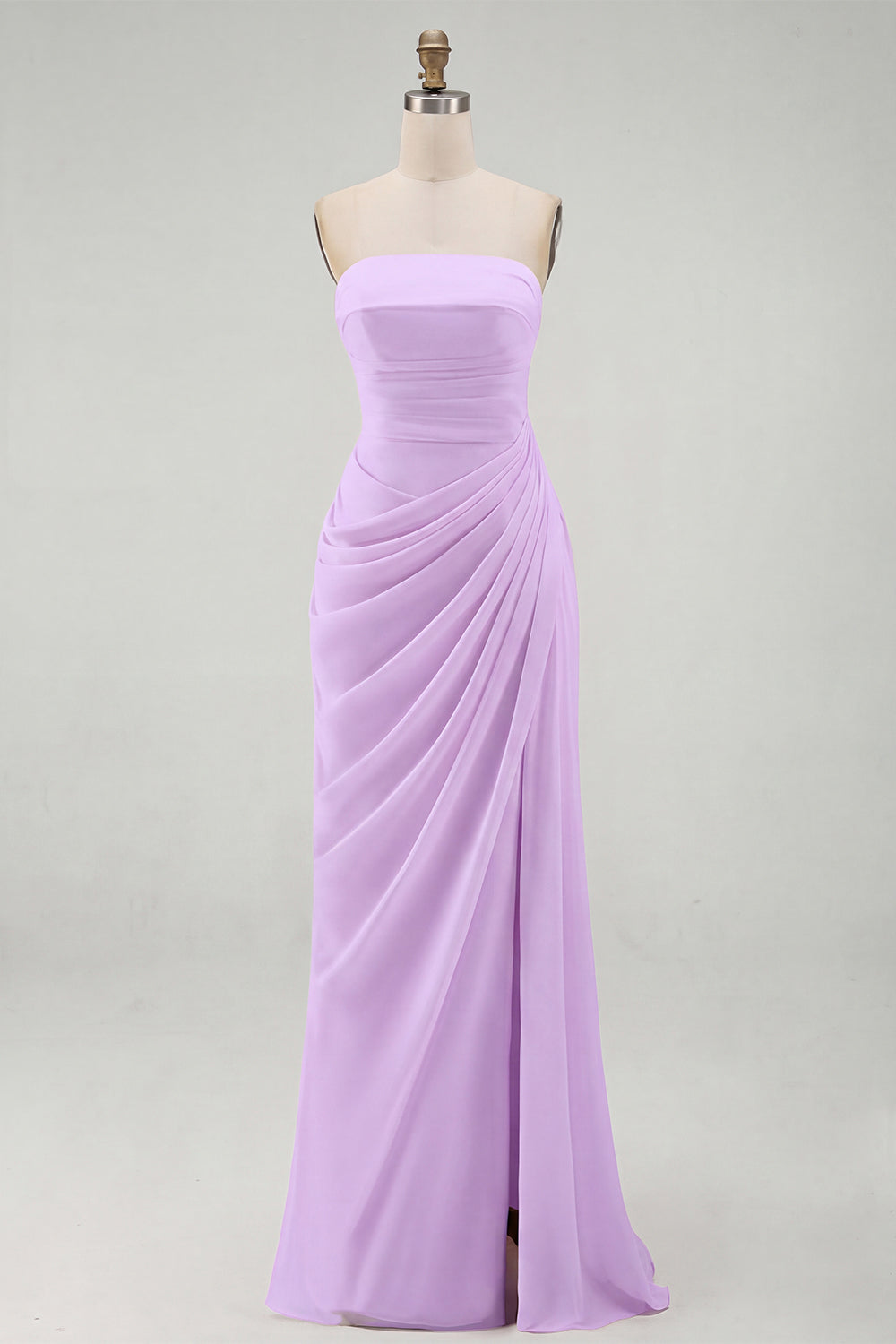 Light Pink Strapless Ruched Sheath Prom Dress with Slit