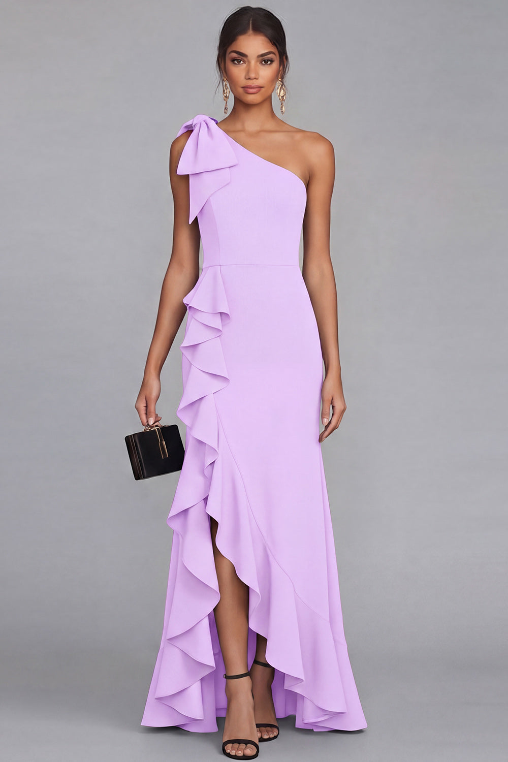 One Shoulder Black Mermaid Bowed Formal Dress with Ruffles