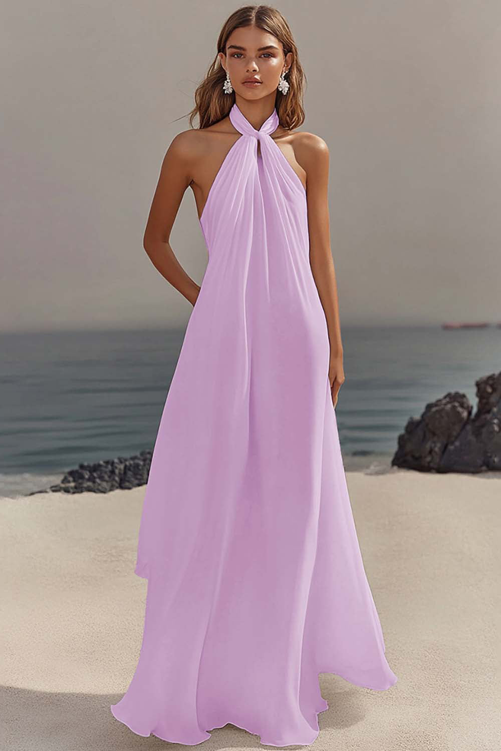 Simple White Halter A Line Chiffon Engagement Dress