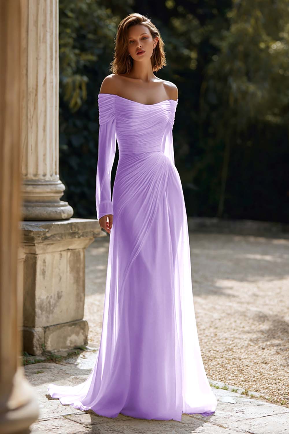 Ivory Ruched Long Sleeve Off The Shoulder Engagement Dress