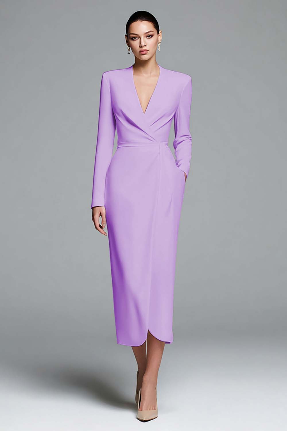 Ivory Sheath V-Neck Work Dress With Long Sleeves