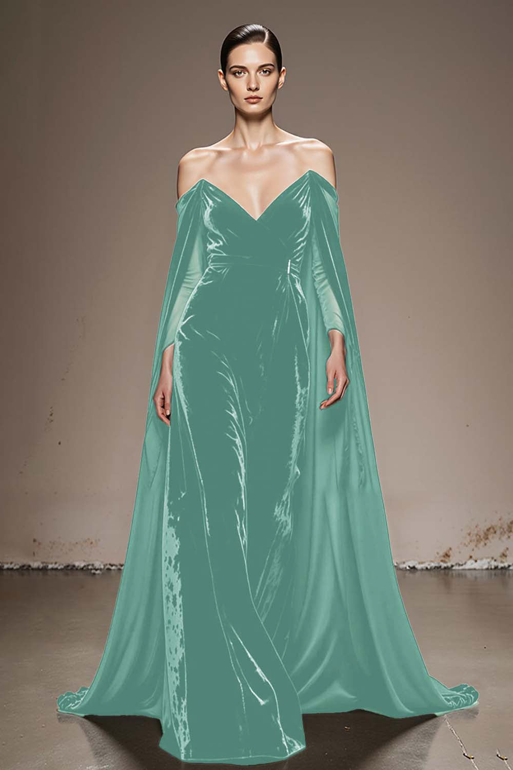 Black Off The Shoulder Velvet Evening Dress with Cloak