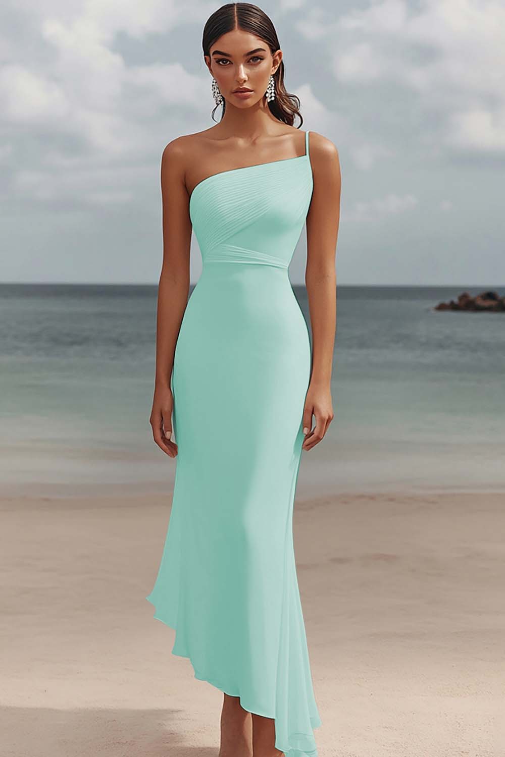 One Shoulder White Asymmetrical Engagement Dress