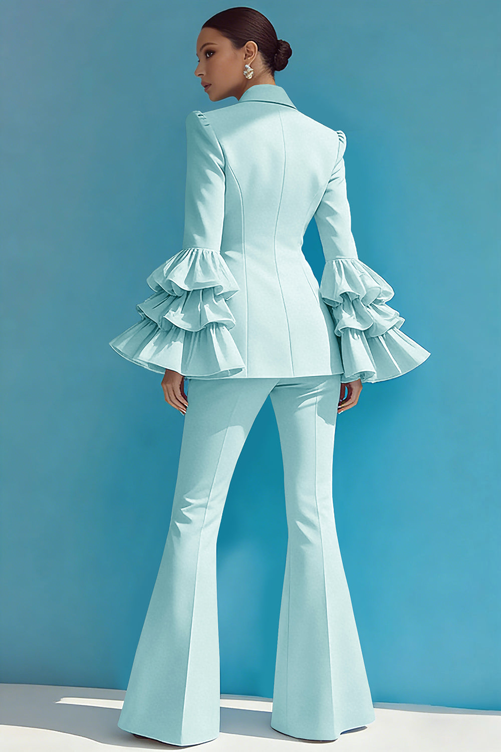 Blue 2-Piece Notched Lapel Women Suits With Ruffles