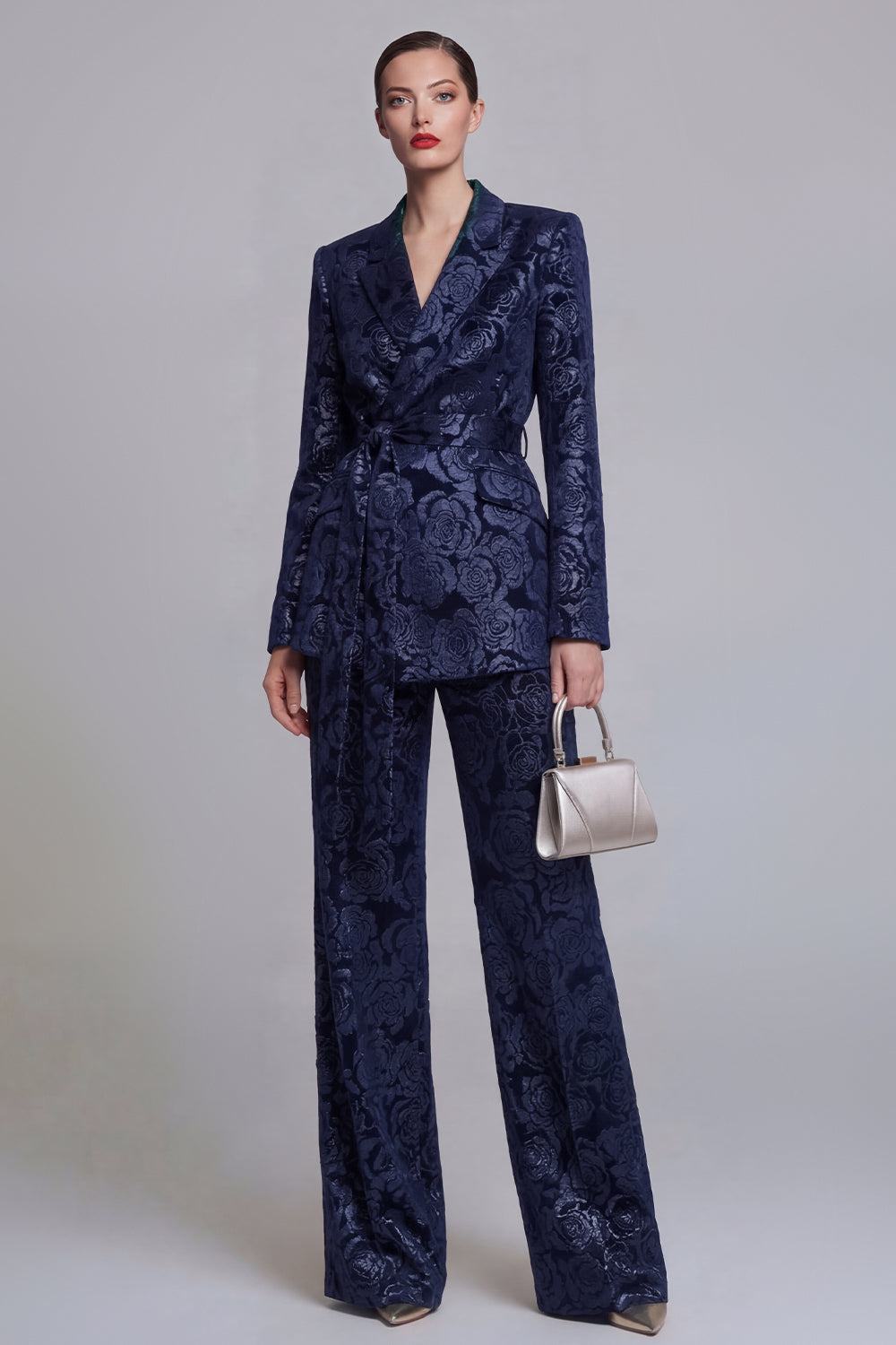 Jacquard Dark Green Notched Lapel 2 Piece Women Suits with Belt