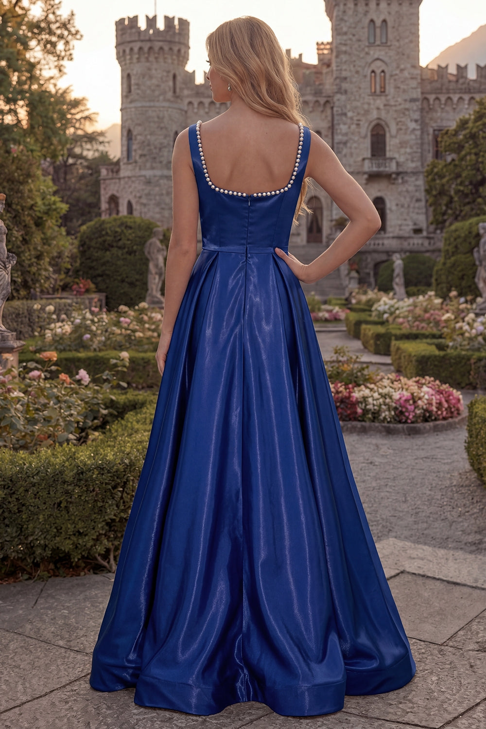 Blush A Line Square Neck Satin Prom Dress with Pearls