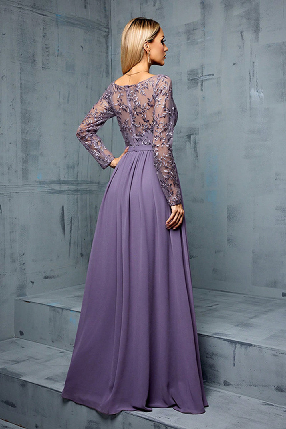 Grey Purple A Line Embroidered Chiffon Maxi Dress with Long Sleeves