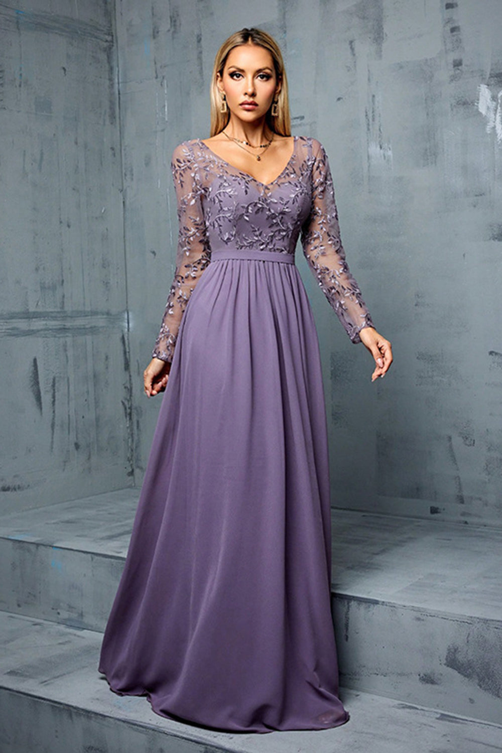 Grey Purple A Line Embroidered Chiffon Maxi Dress with Long Sleeves