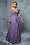 Grey Purple A Line Embroidered Chiffon Maxi Dress with Long Sleeves