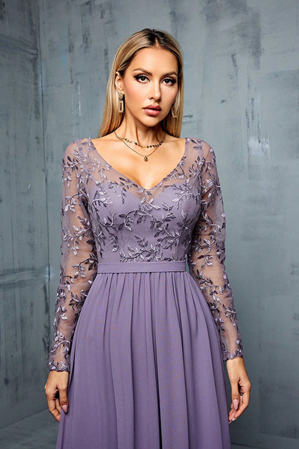 Grey Purple A Line Embroidered Chiffon Maxi Dress with Long Sleeves