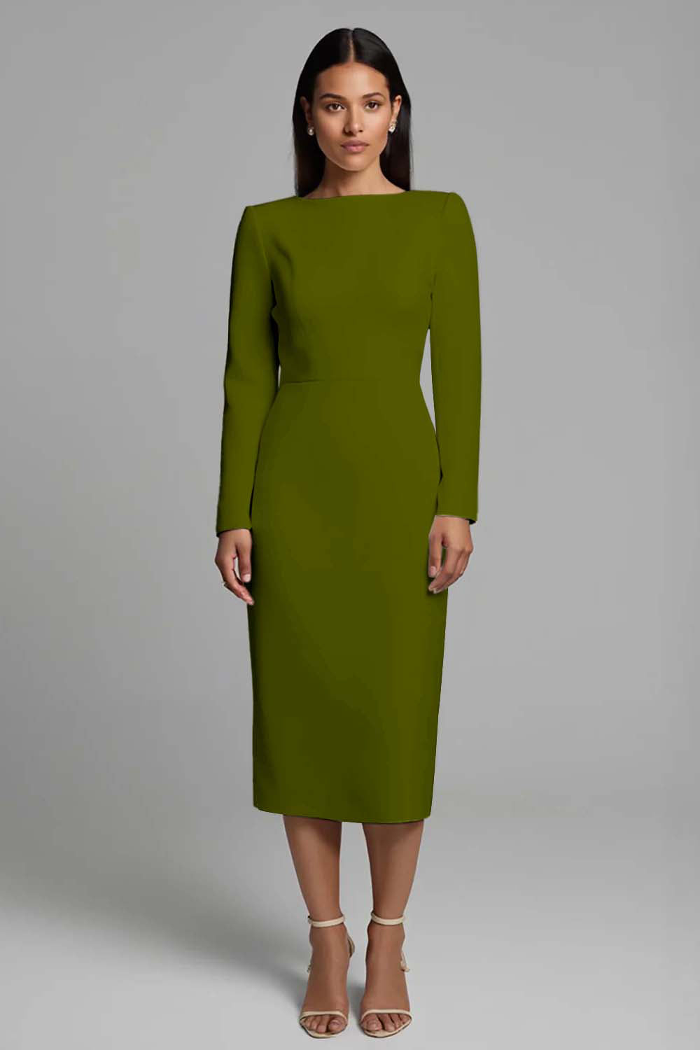 Ivory Sheath Long Sleeve Midi Work Dress with Slit